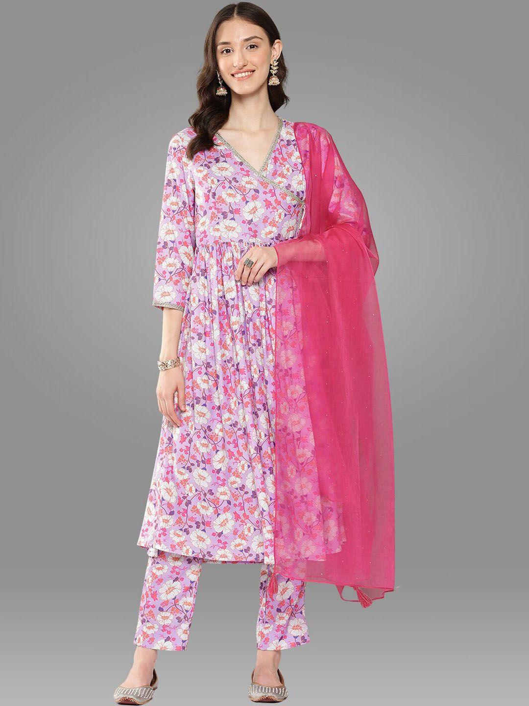 janasya lavender floral printed gotta patti angrakha kurta with trousers and dupatta