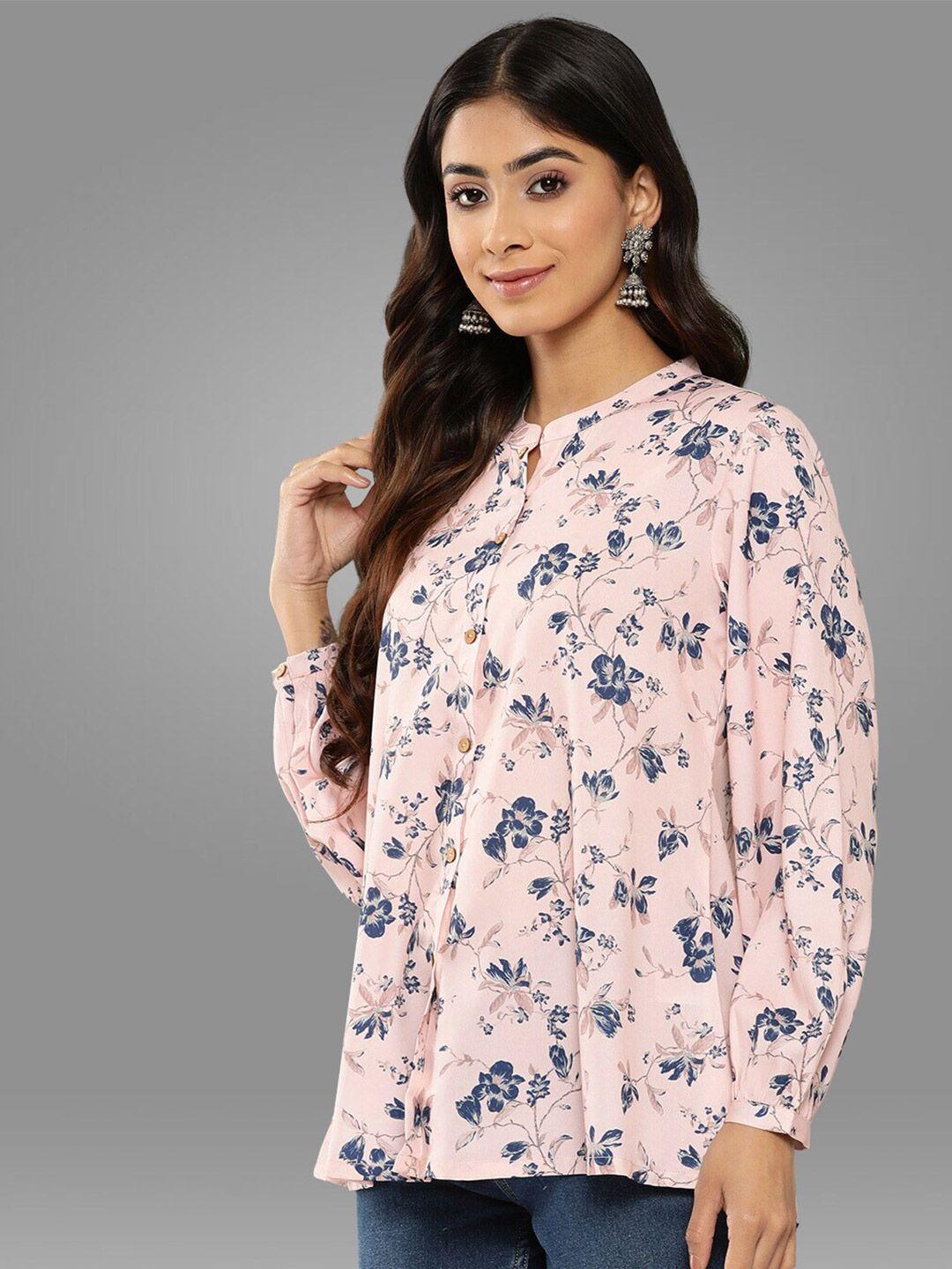 janasya peach-coloured floral print mandarin collar puff sleeve crepe top