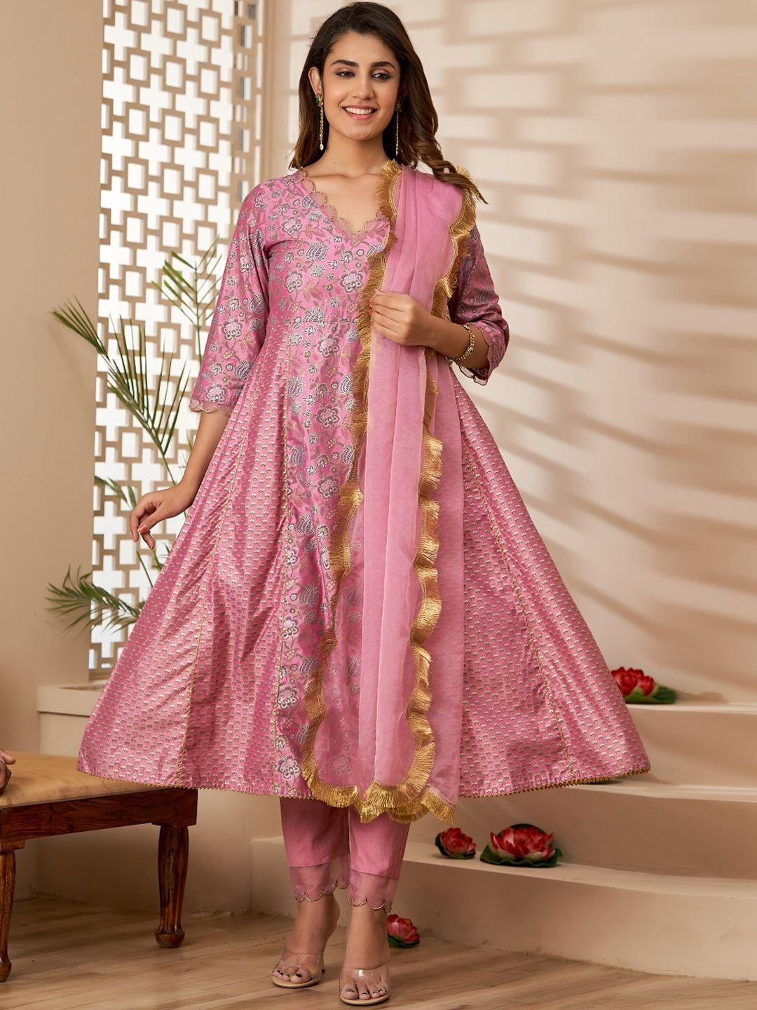 artizenweaves floral printed chanderi silk a-line kurta & trousers with dupatta