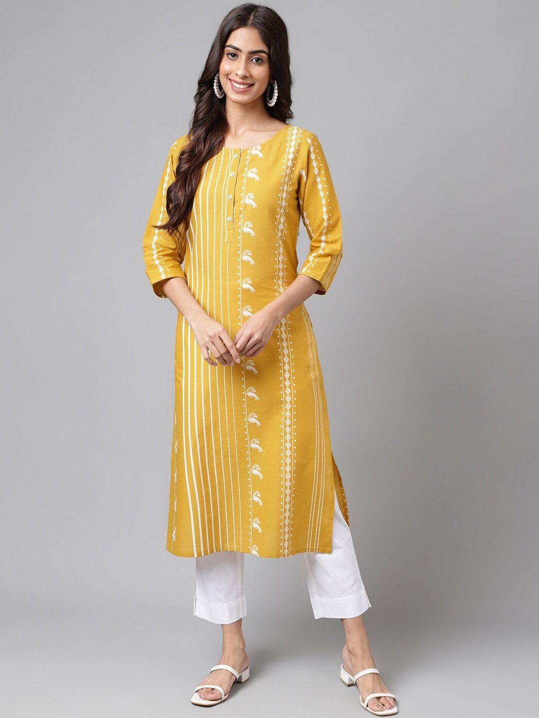 janasya women yellow ethnic motifs printed kurta