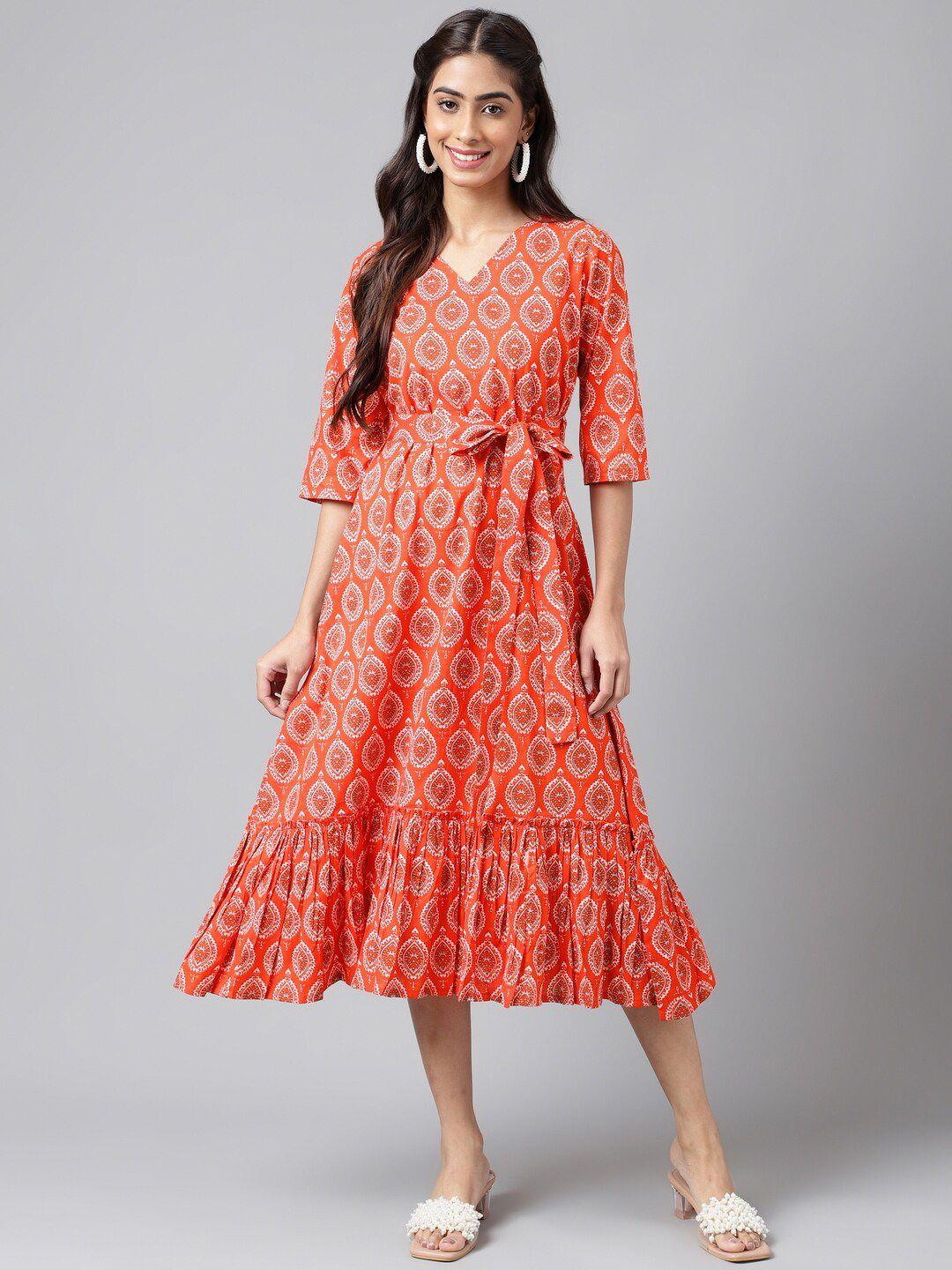 janasya ethnic motifs printed v-neck belted detailed fit & flare midi dress