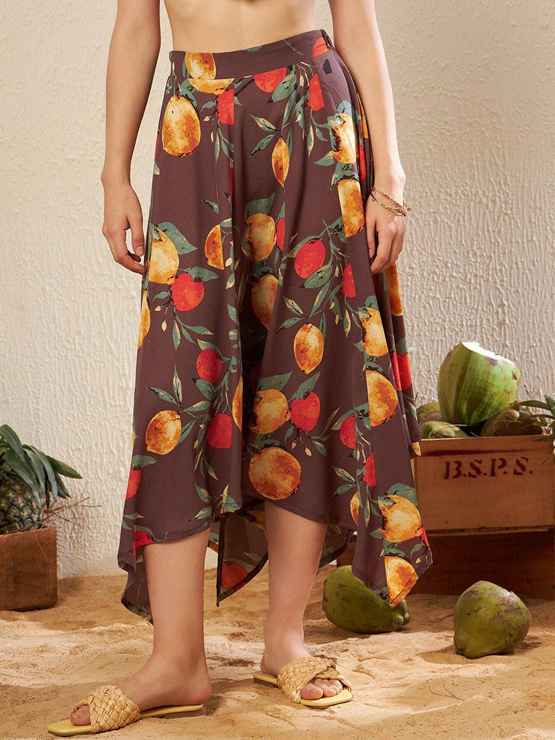 kassually mauve & yellow printed asymmetric midi flared skirt