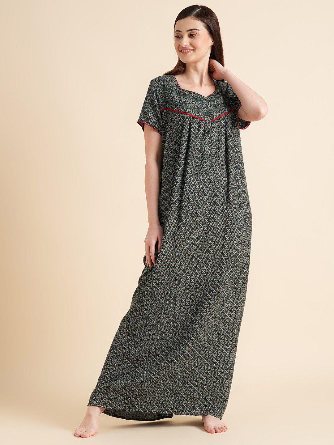 sweet dreams green ethnic motifs printed pure cotton maxi nightdress