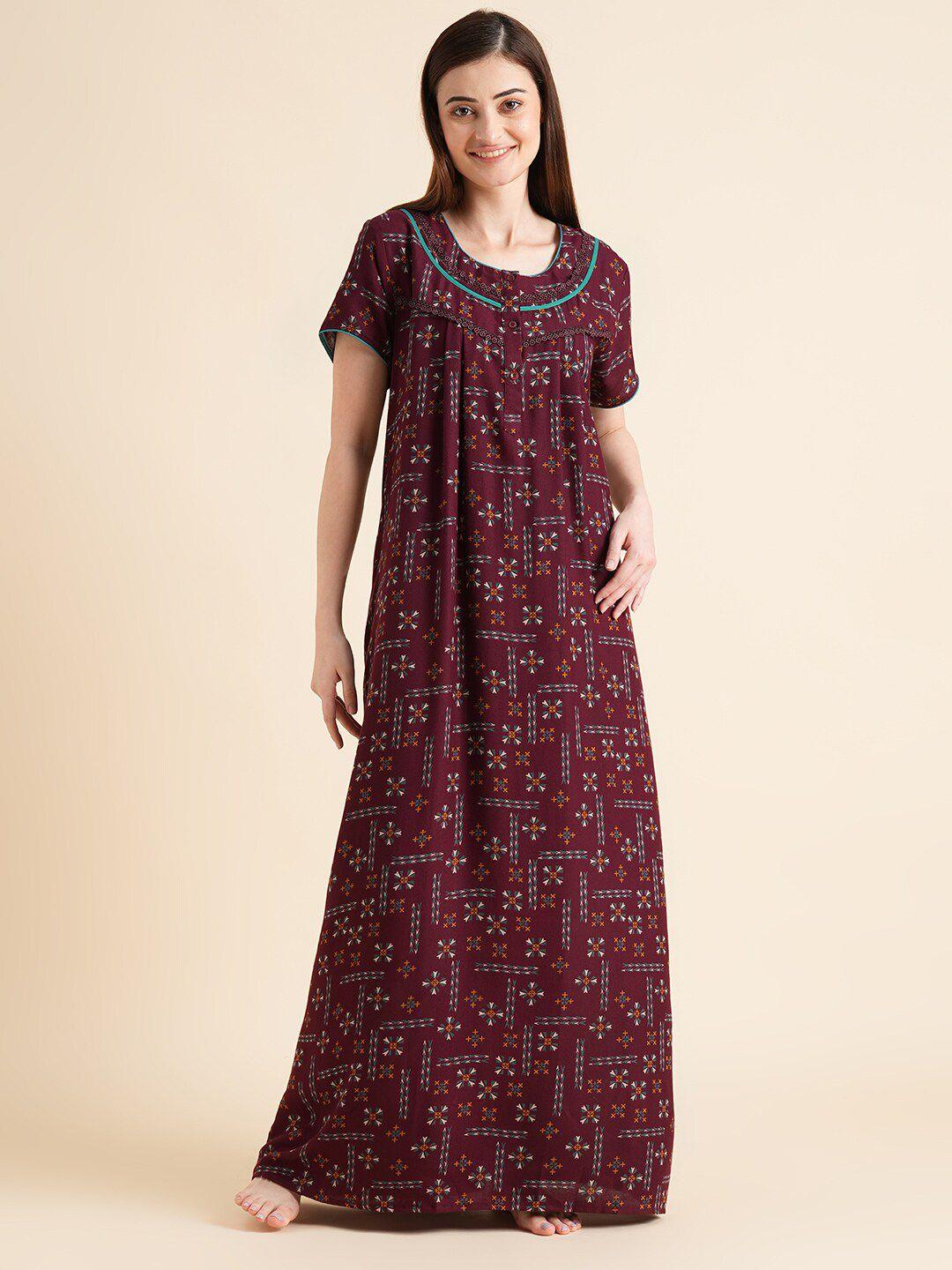 sweet dreams maroon geometric printed pure cotton maxi nightdress