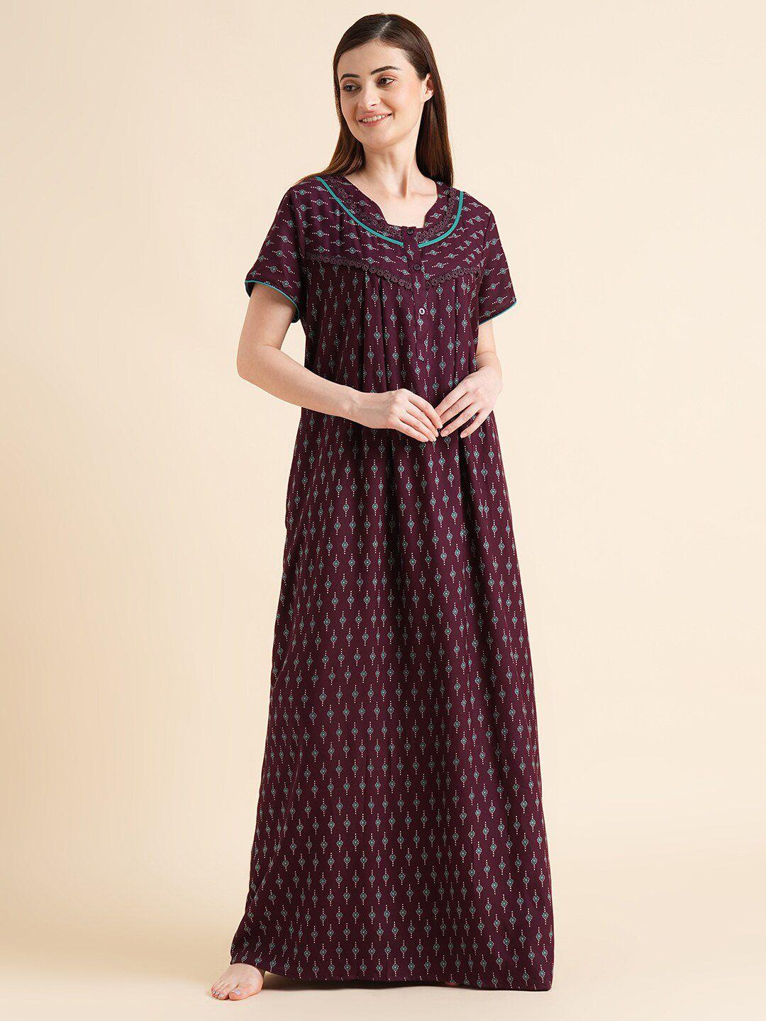 sweet dreams burgundy ethnic motif printed pure cotton maxi nightdress