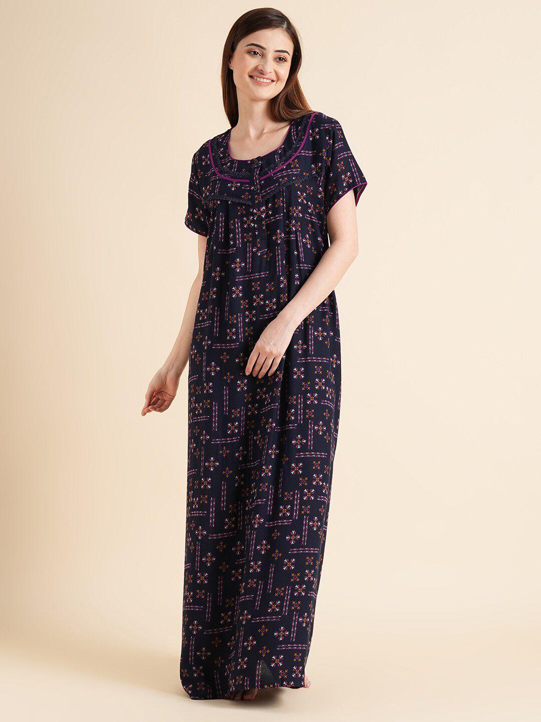 sweet dreams navy blue geometric printed cotton maxi nightdress