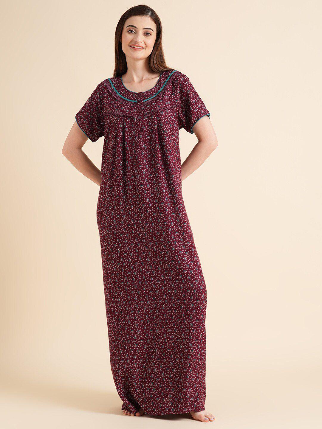 sweet dreams maroon floral printed pure cotton maxi nightdress