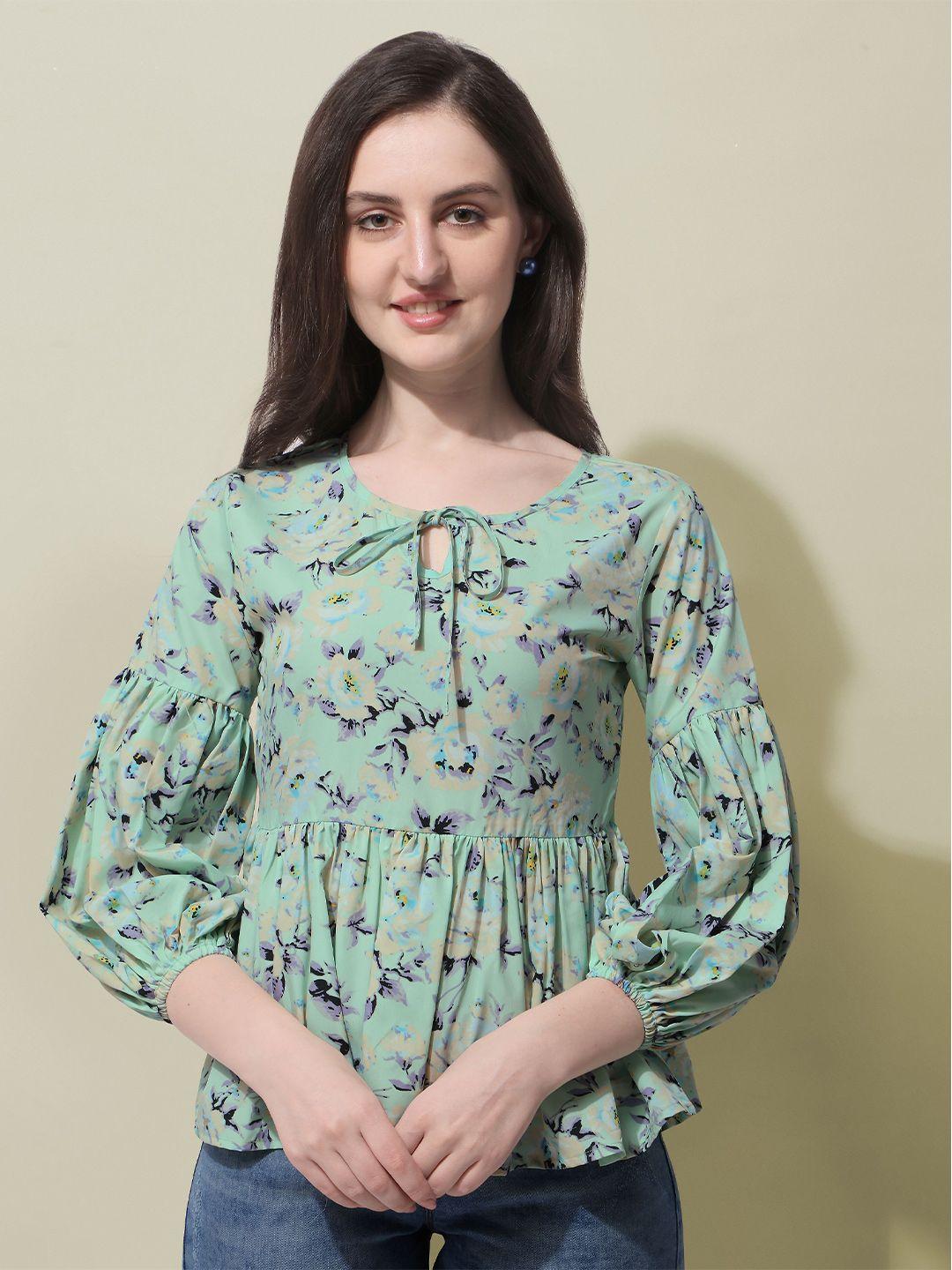 baesd green floral print puff sleeve crepe peplum top