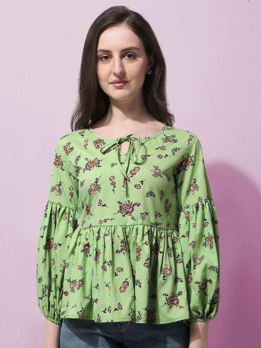 baesd green floral print puff sleeve crepe peplum top