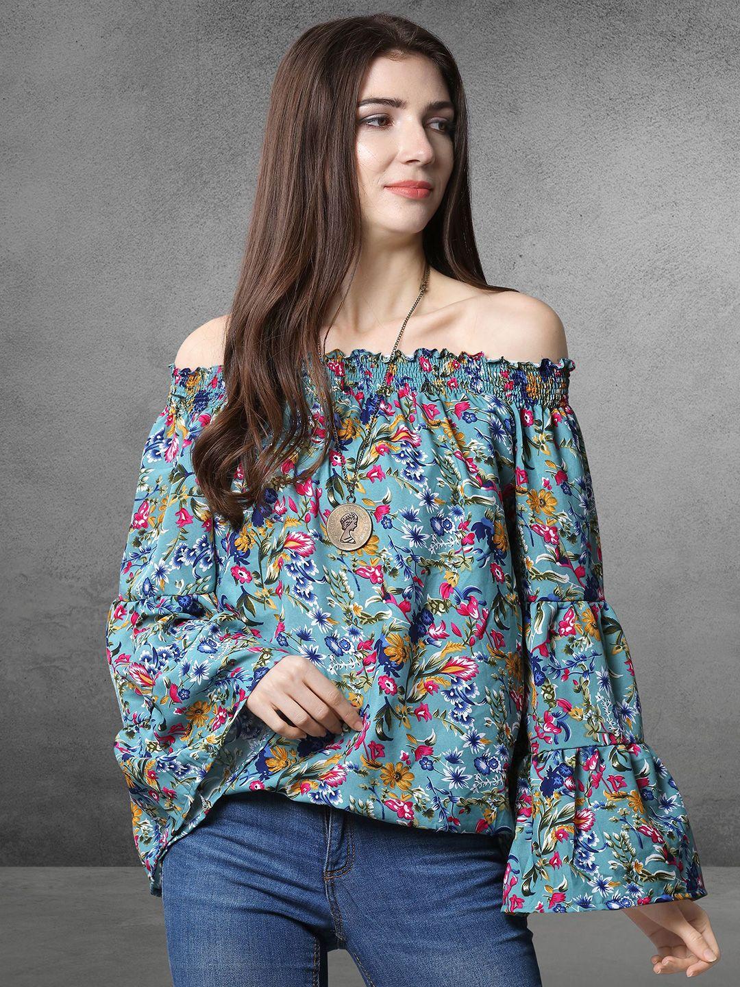 baesd floral printed off-shoulder flared sleeve smocked crepe top