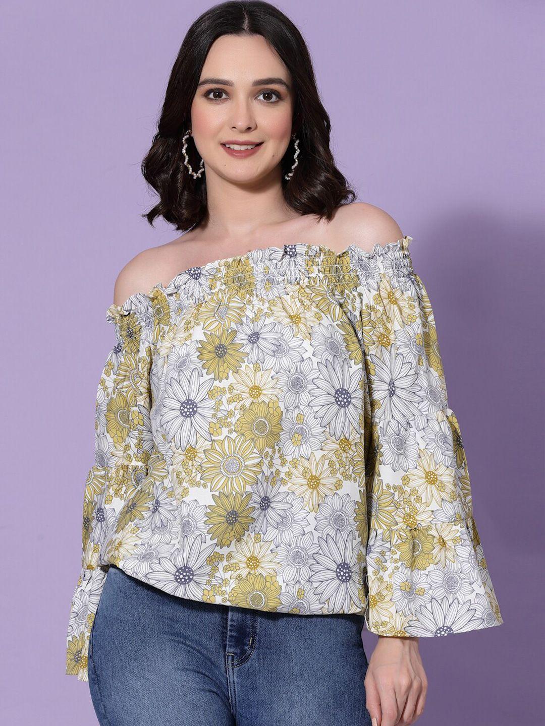 baesd floral print off-shoulder flared sleeve smocked crepe top