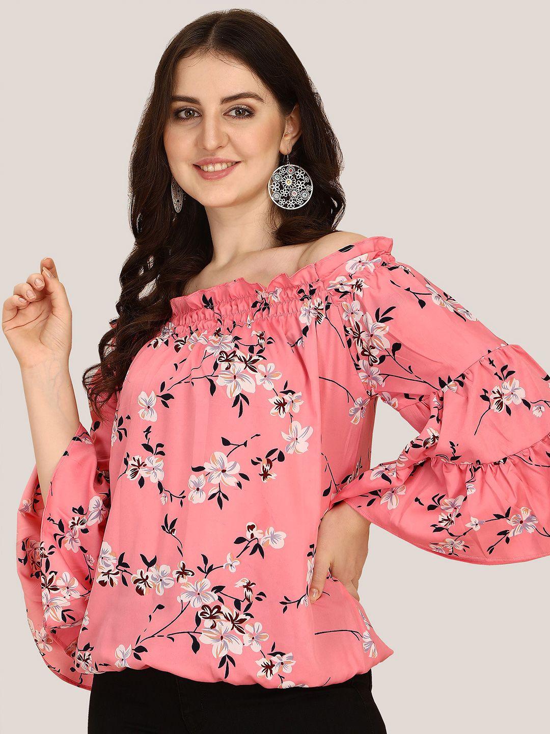 baesd pink floral print off-shoulder flared sleeve smocked crepe top