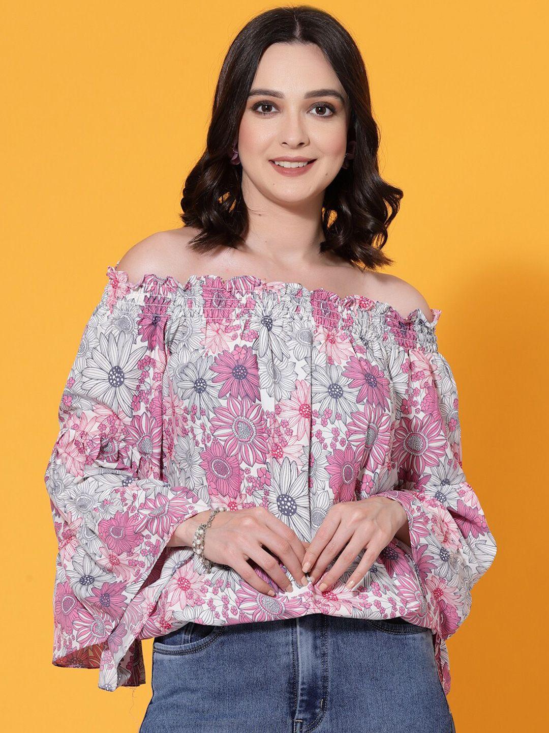 baesd floral print off-shoulder flared sleeve smocked crepe top