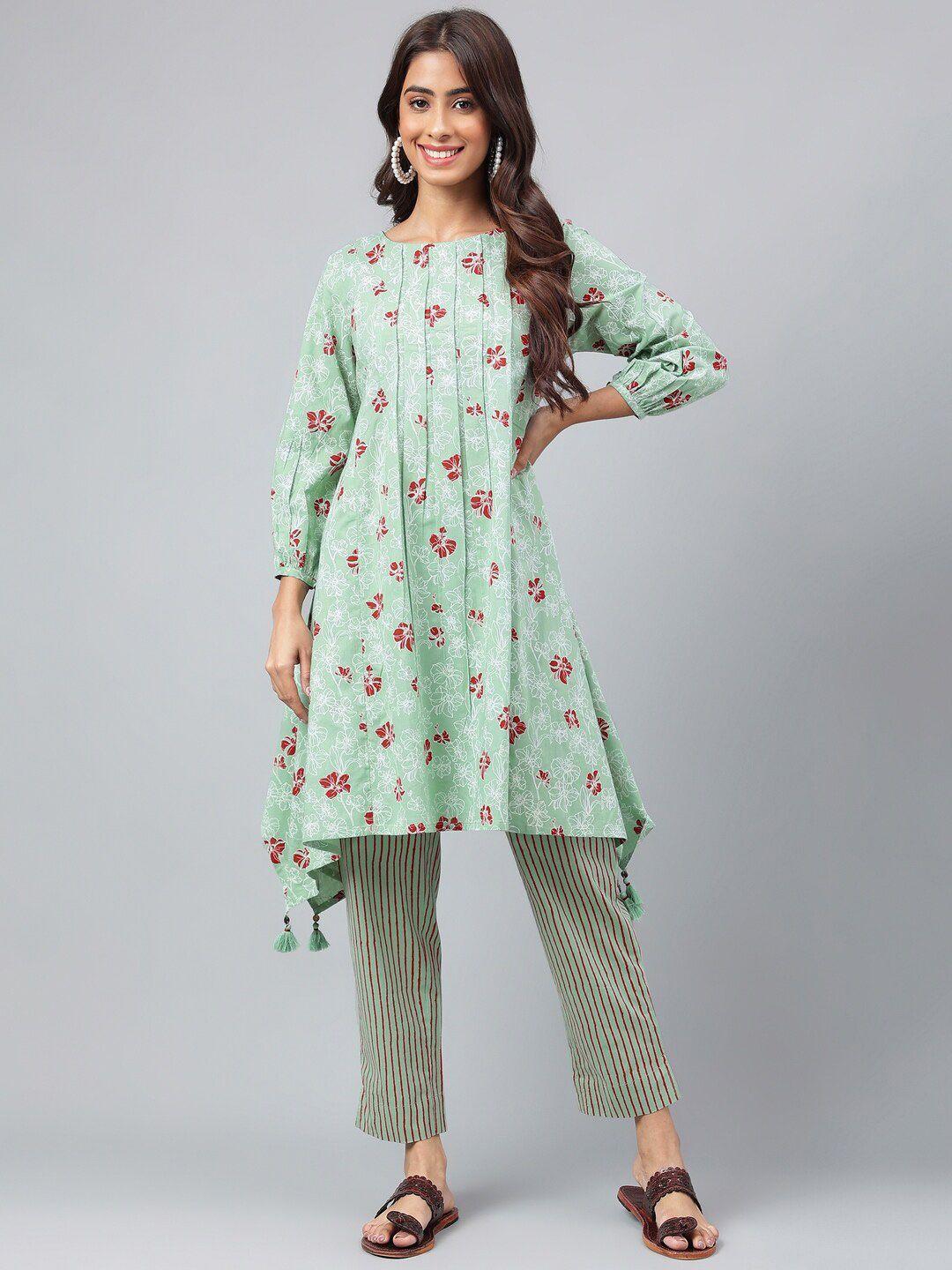 janasya floral printed a-line pure cotton kurta with trousers