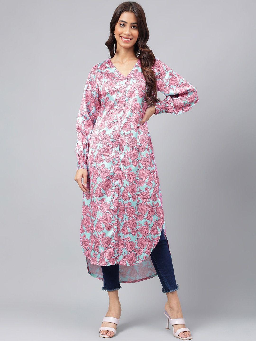 janasya sea green floral printed satin straight kurta