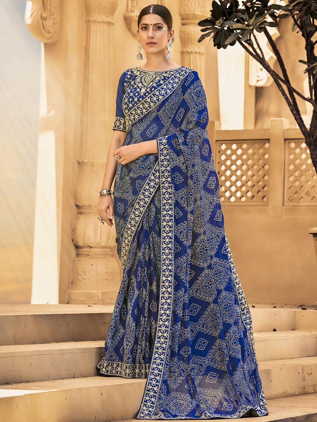 mitera blue & white bandhani sequinned pure georgette bandhani saree