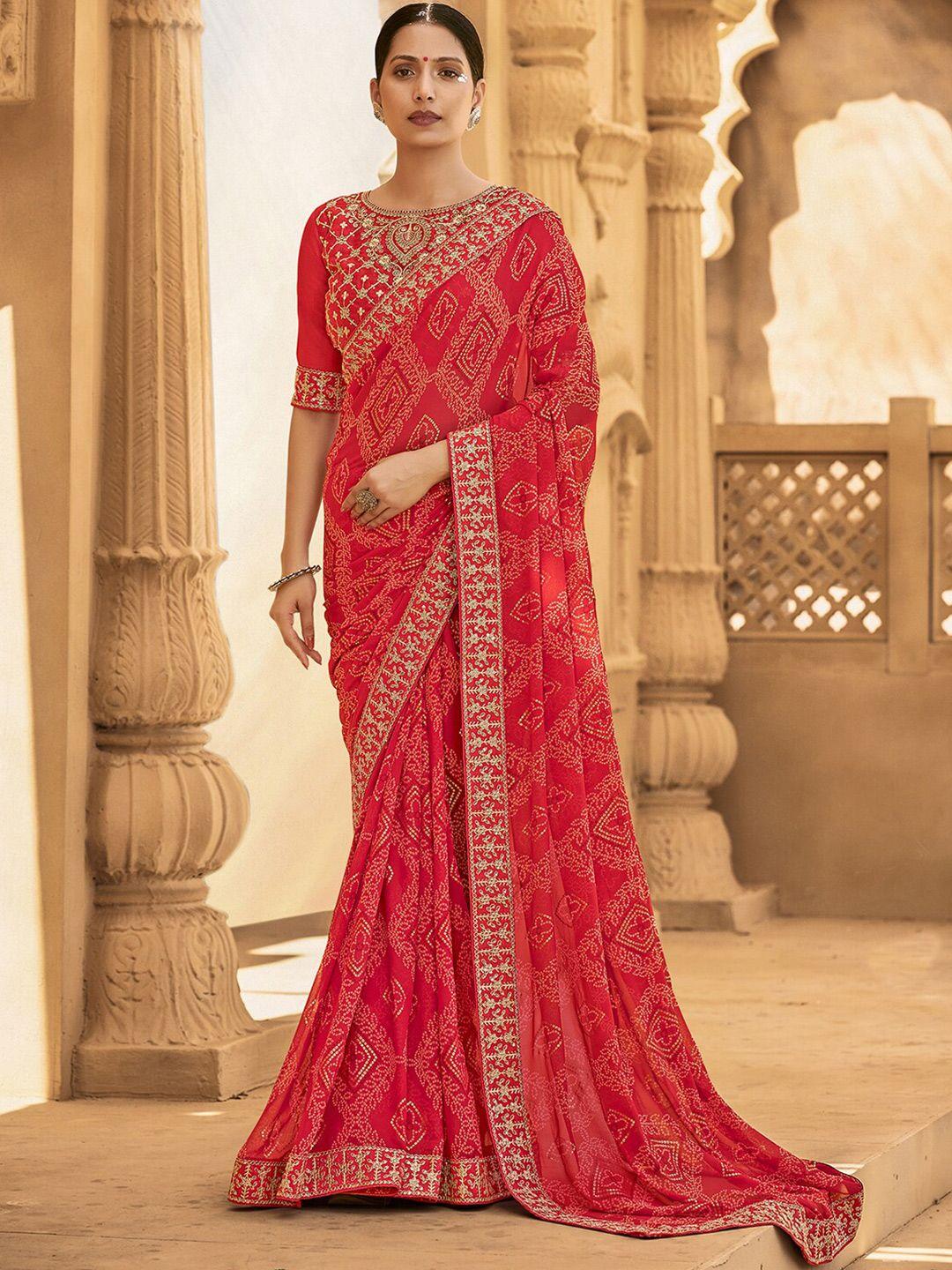 mitera red & white embroidered pure georgette bandhani saree