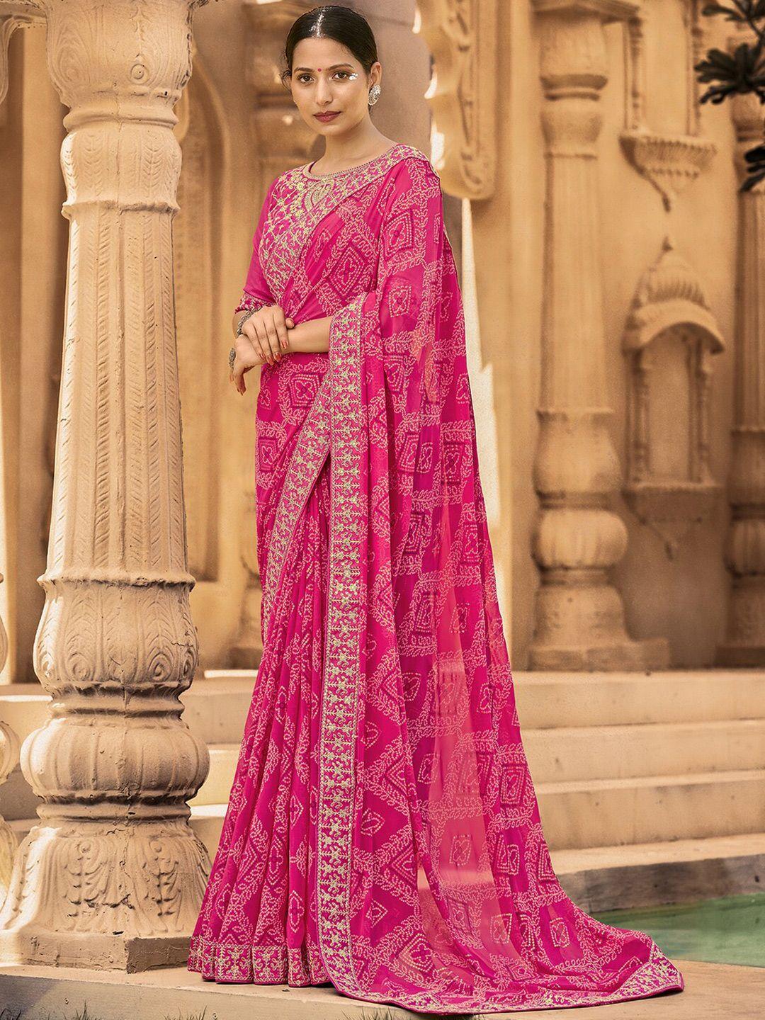 mitera pink & gold-toned bandhani embroidered pure georgette bandhani saree