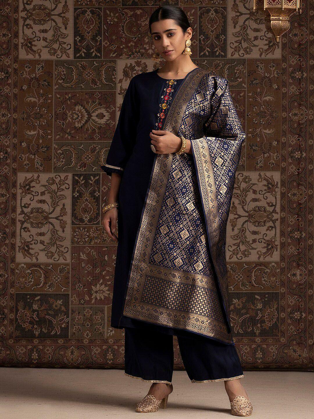 indo era navy blue thread work liva kurta with palazzos & dupatta