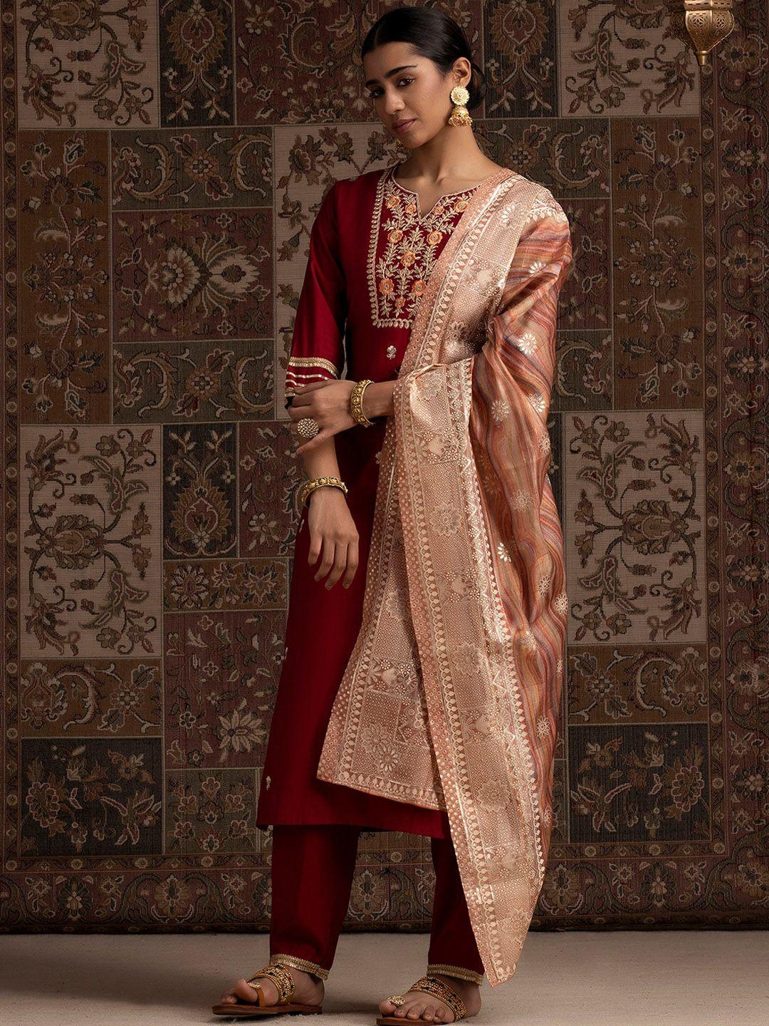 indo era red floral embroidered straight gotta patti liva kurta with trousers & dupatta