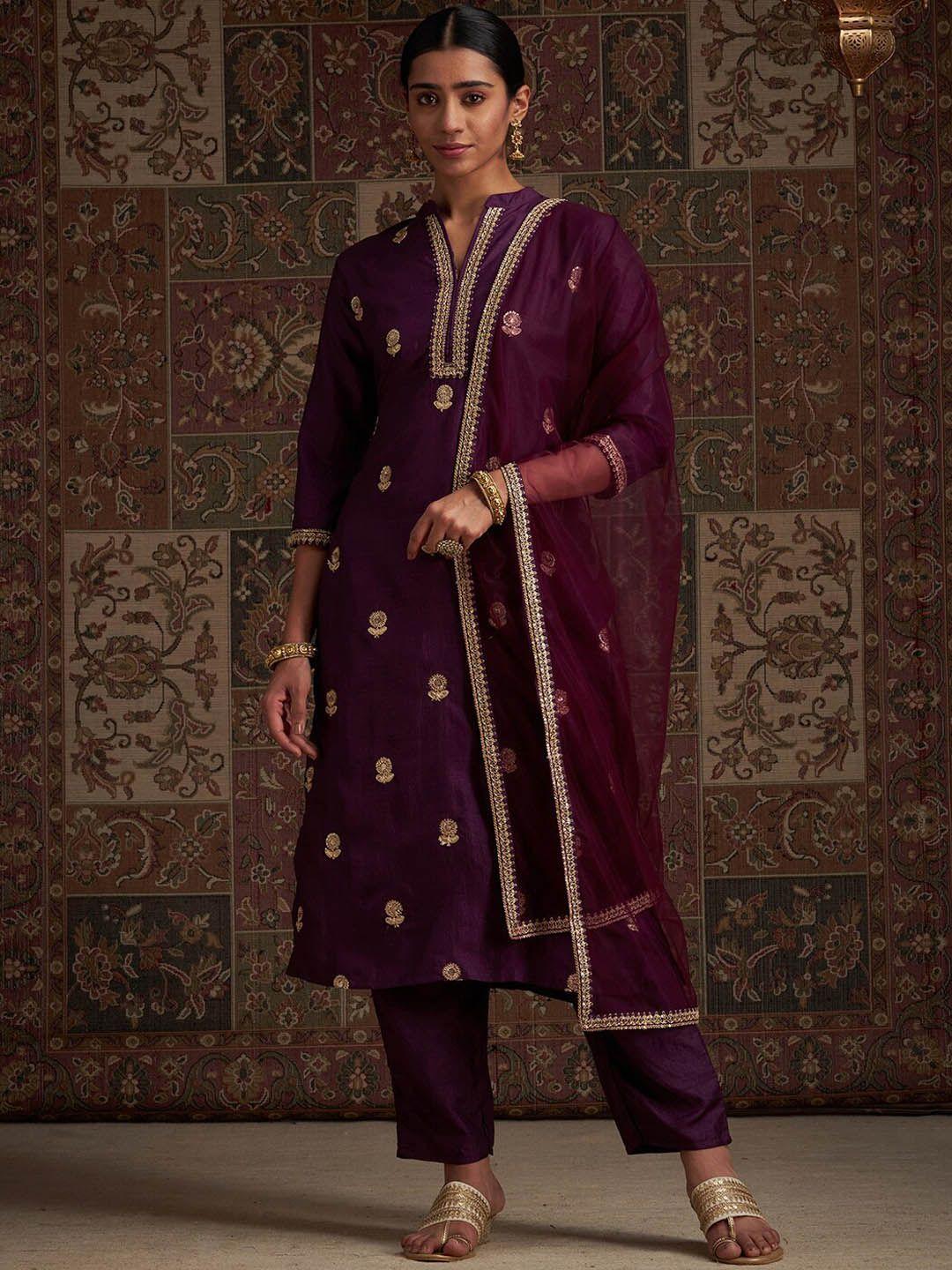 indo era purple ethnic motifs embroidered mandarin collar sequinned liva kurta set