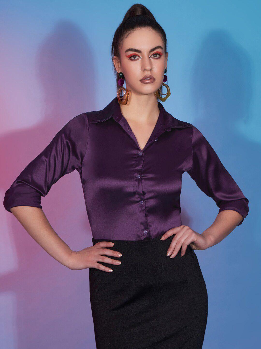 funday fashion spread collar opaque satin casual shirt