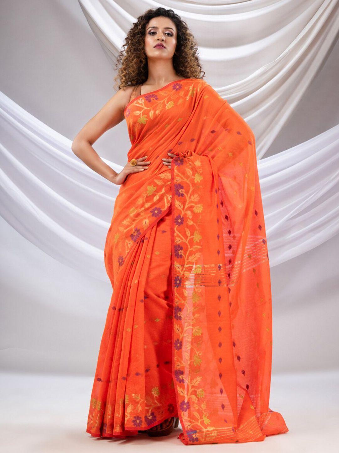 charukriti orange & purple woven design zari saree