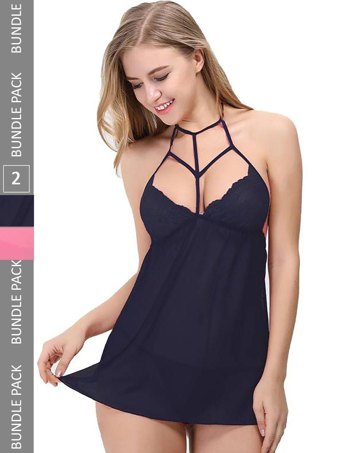 pibu navy blue & pink net halter neck baby doll