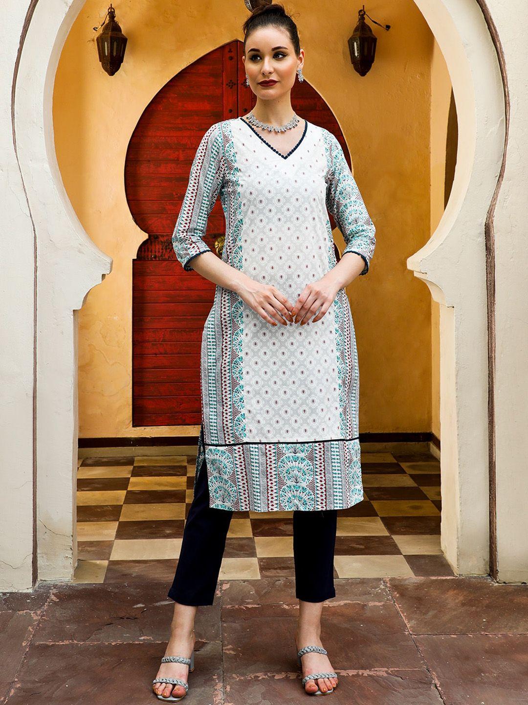 jaipur kurti ethnic motifs printed v-neck cotton straight kurta