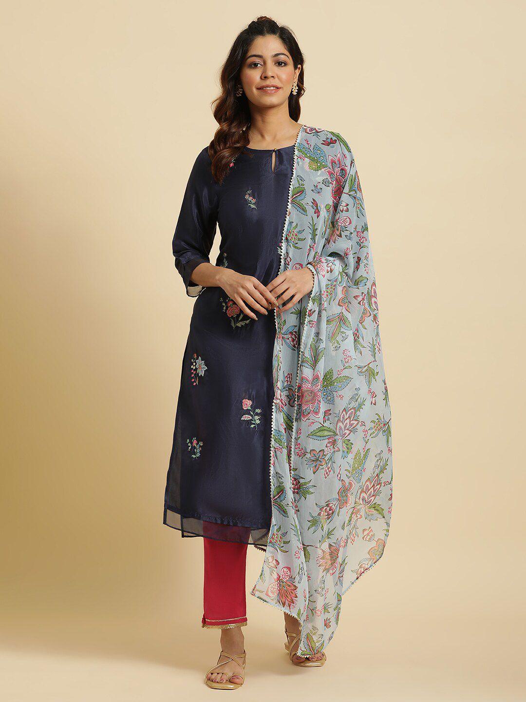 w blue & green floral printed dupatta with gotta patti