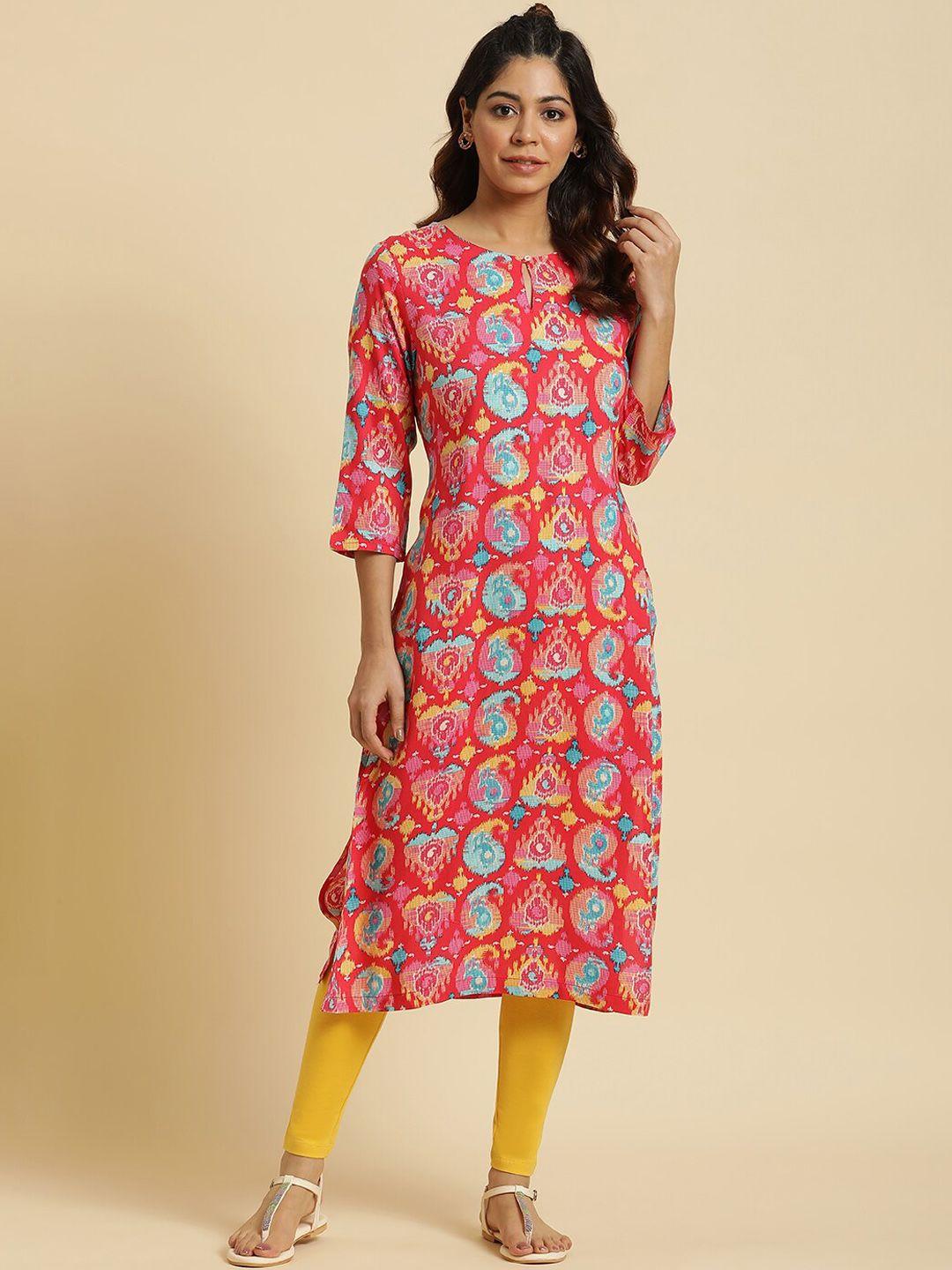 w women ethnic motifs printed keyhole neck straight kurta