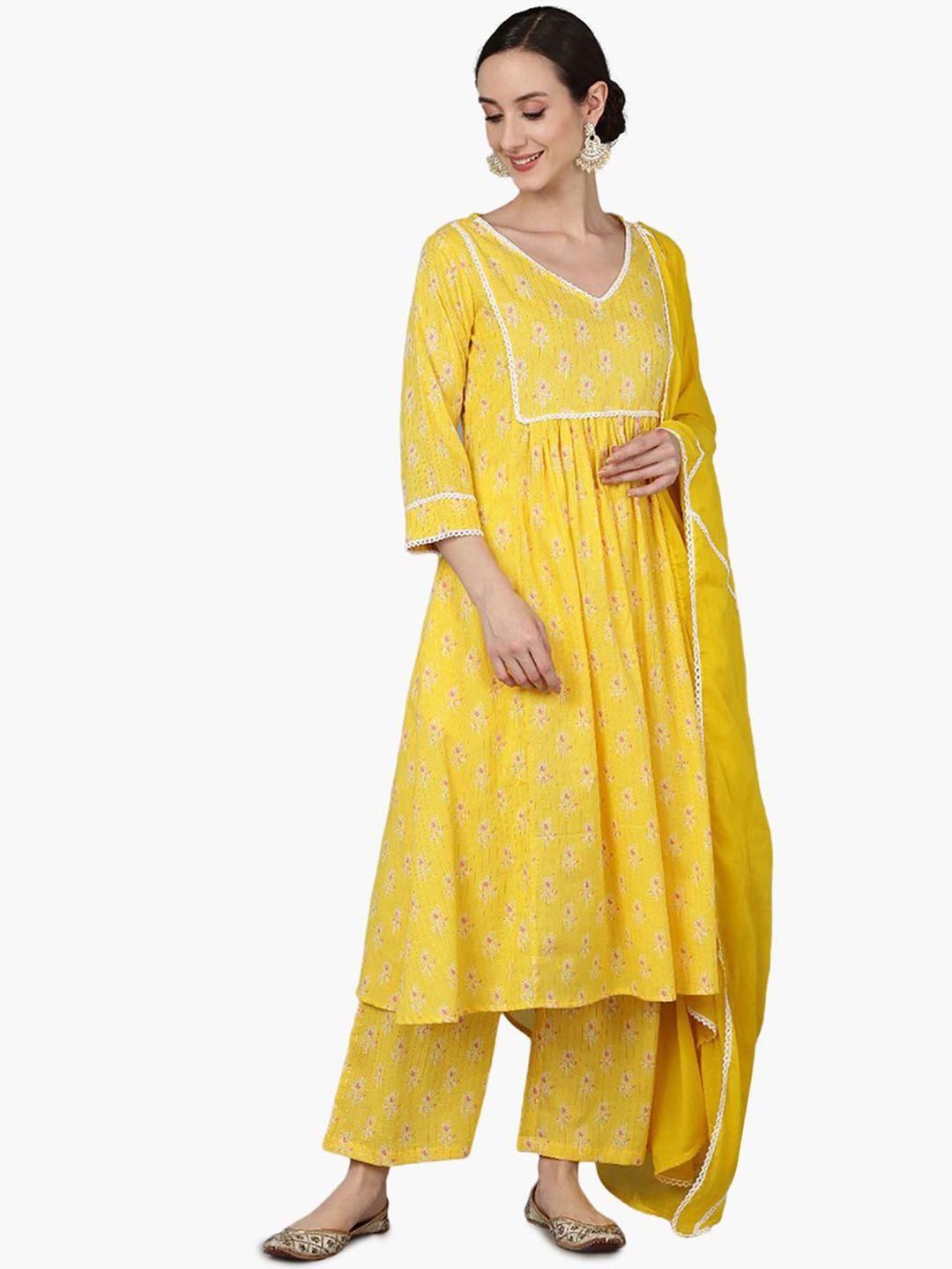 virgio floral printed empire pure cotton kurta with palazzos & dupatta