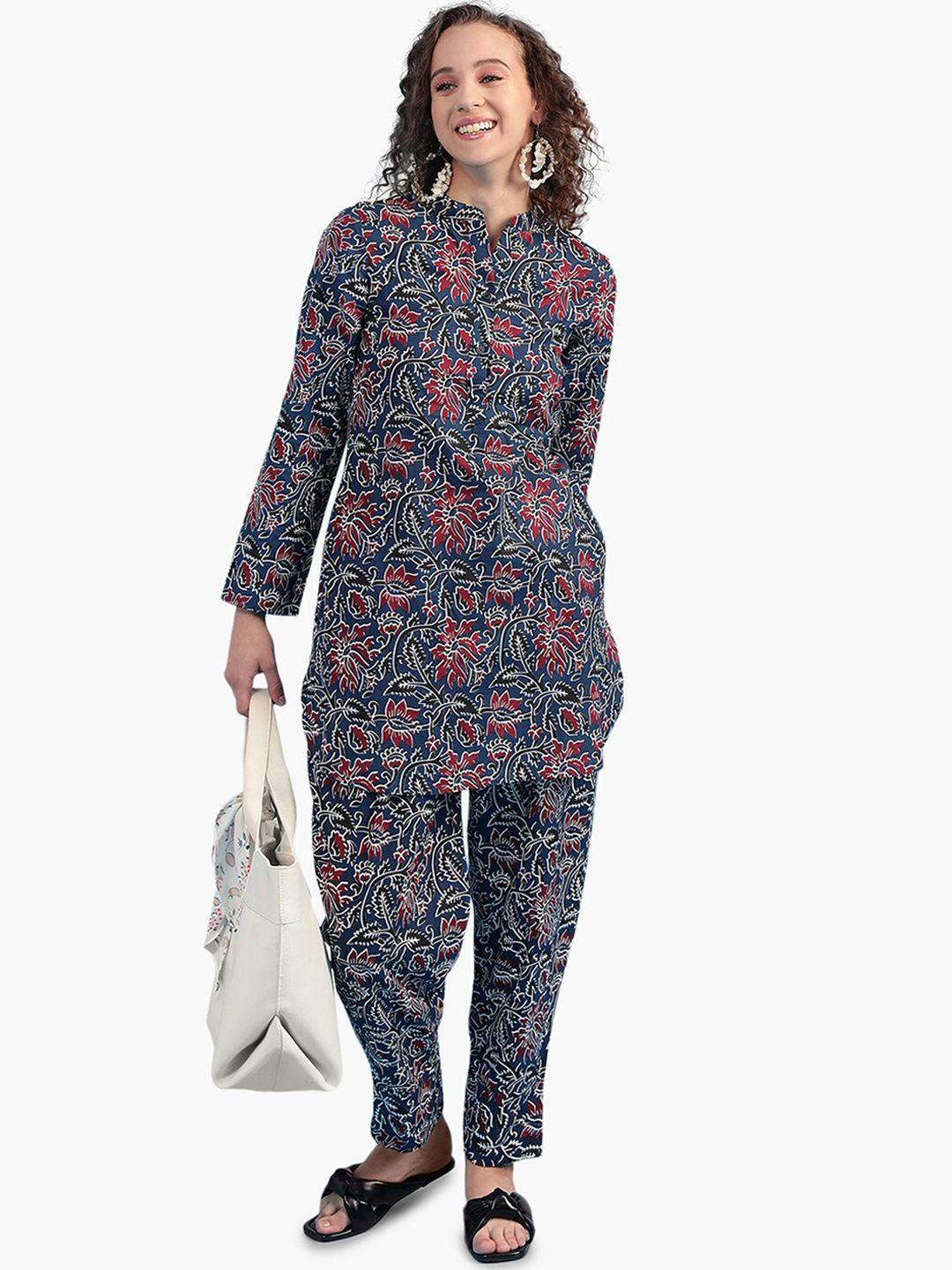 virgio floral printed mandarin collar pure cotton kurta with trousers