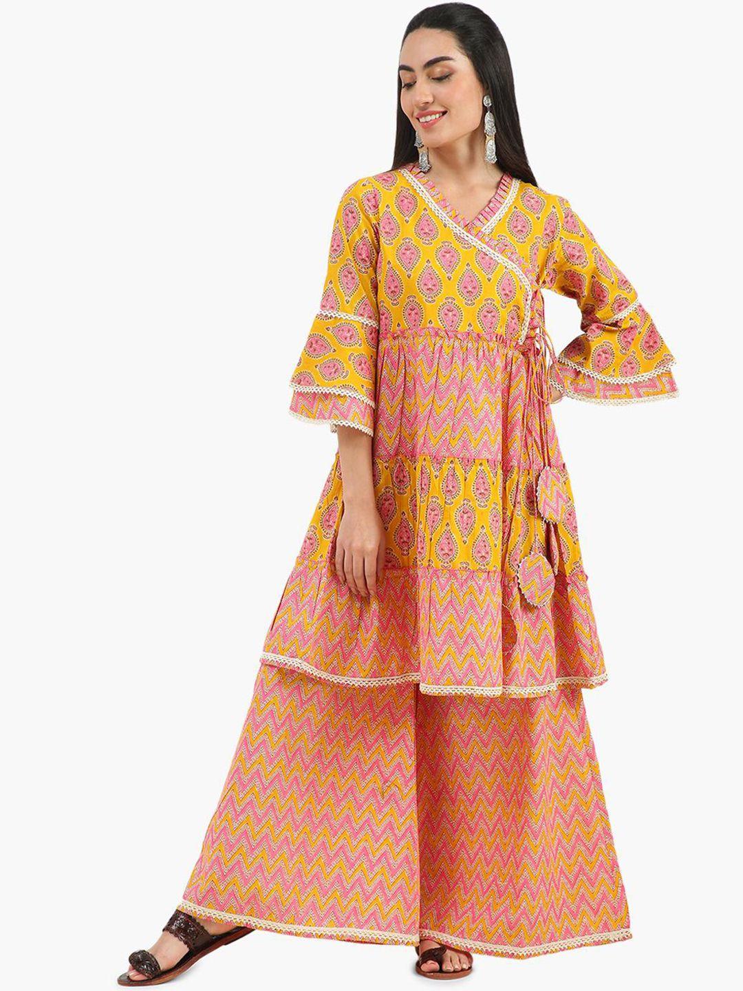 virgio ethnic motifs printed angrakha pure cotton kurta with palazzos