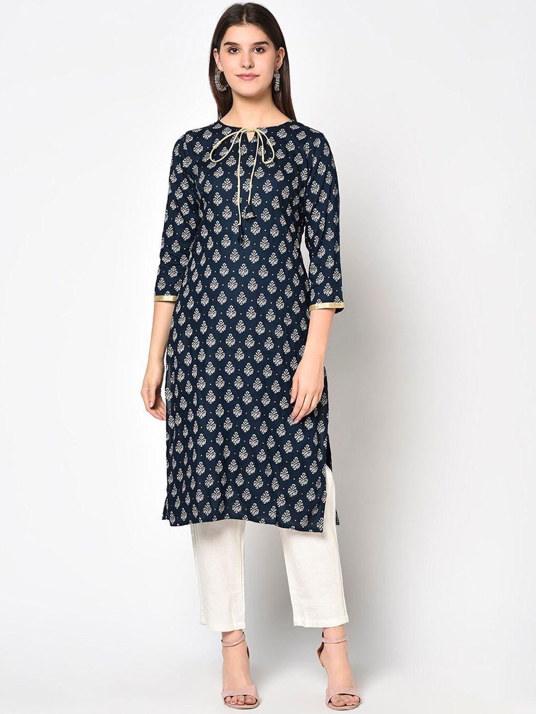 kalini ethnic motifs printed tie up neck indigo straight kurta & trousers