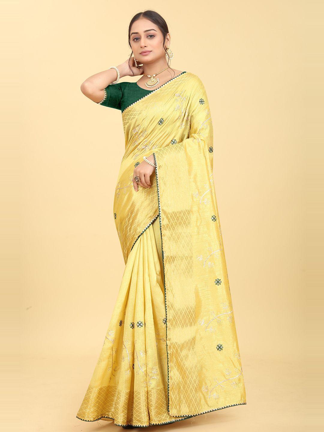 kiwie yellow & green floral embroidered saree