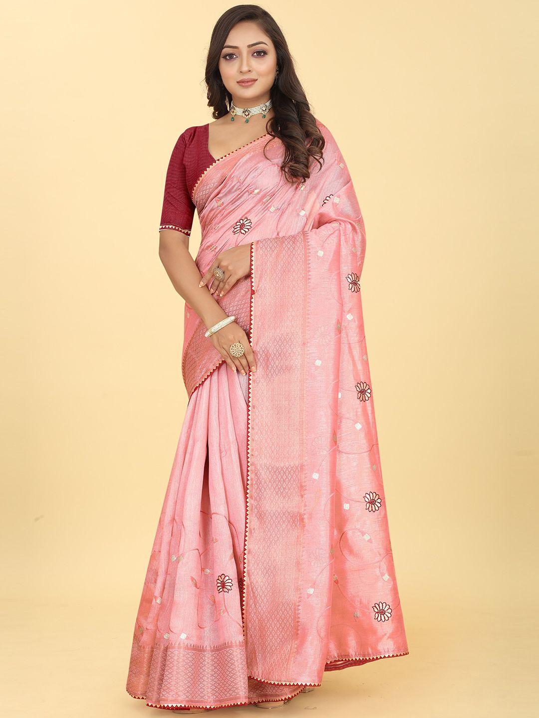 kiwie pink & gold-toned ethnic motifs zari saree