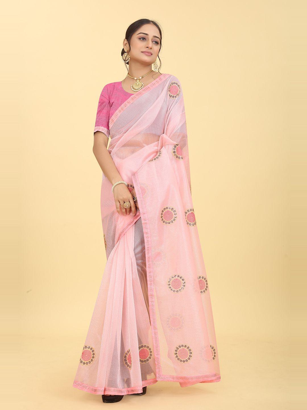 kiwie pink & gold-toned ethnic motifs embroidered organza saree