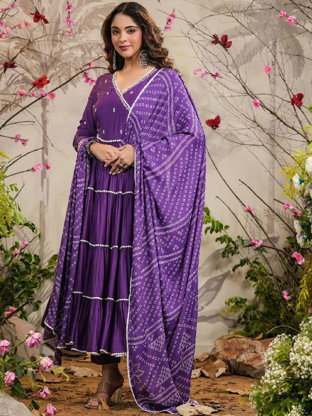 everbloombandhani printed angrakha kurta & trousers with dupatta