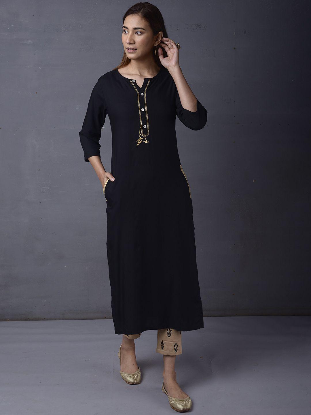 pinksky women black regular thread work kurta with trousers