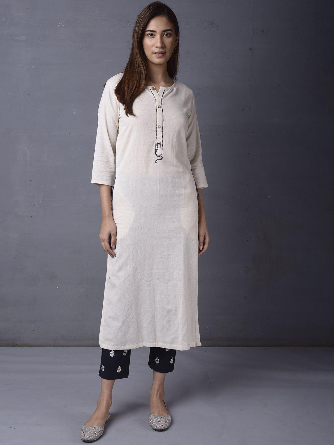 pinksky women off white regular thread work pure cotton kurta with trousers