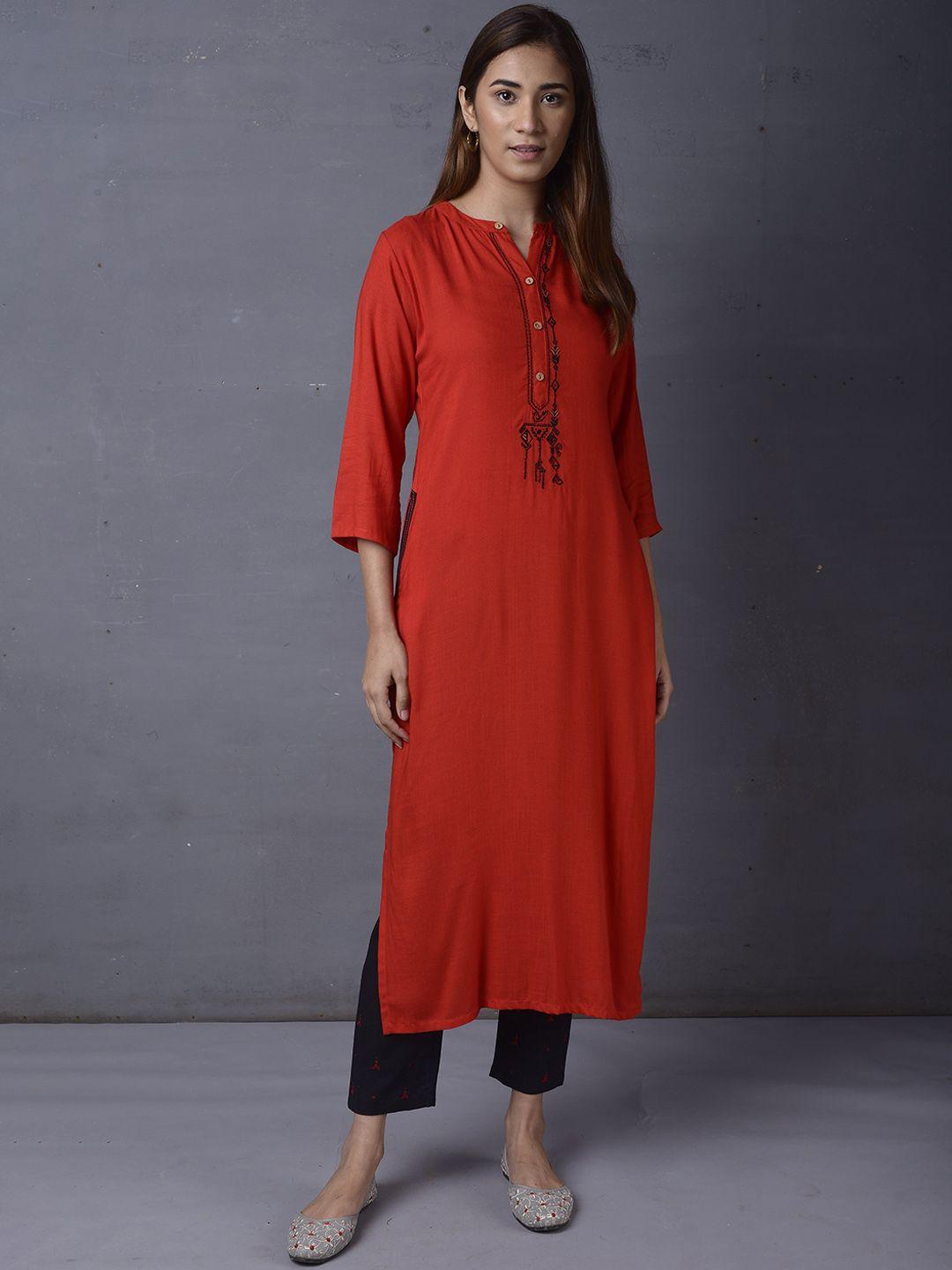 pinksky women red yoke design regular thread work kurta with trousers