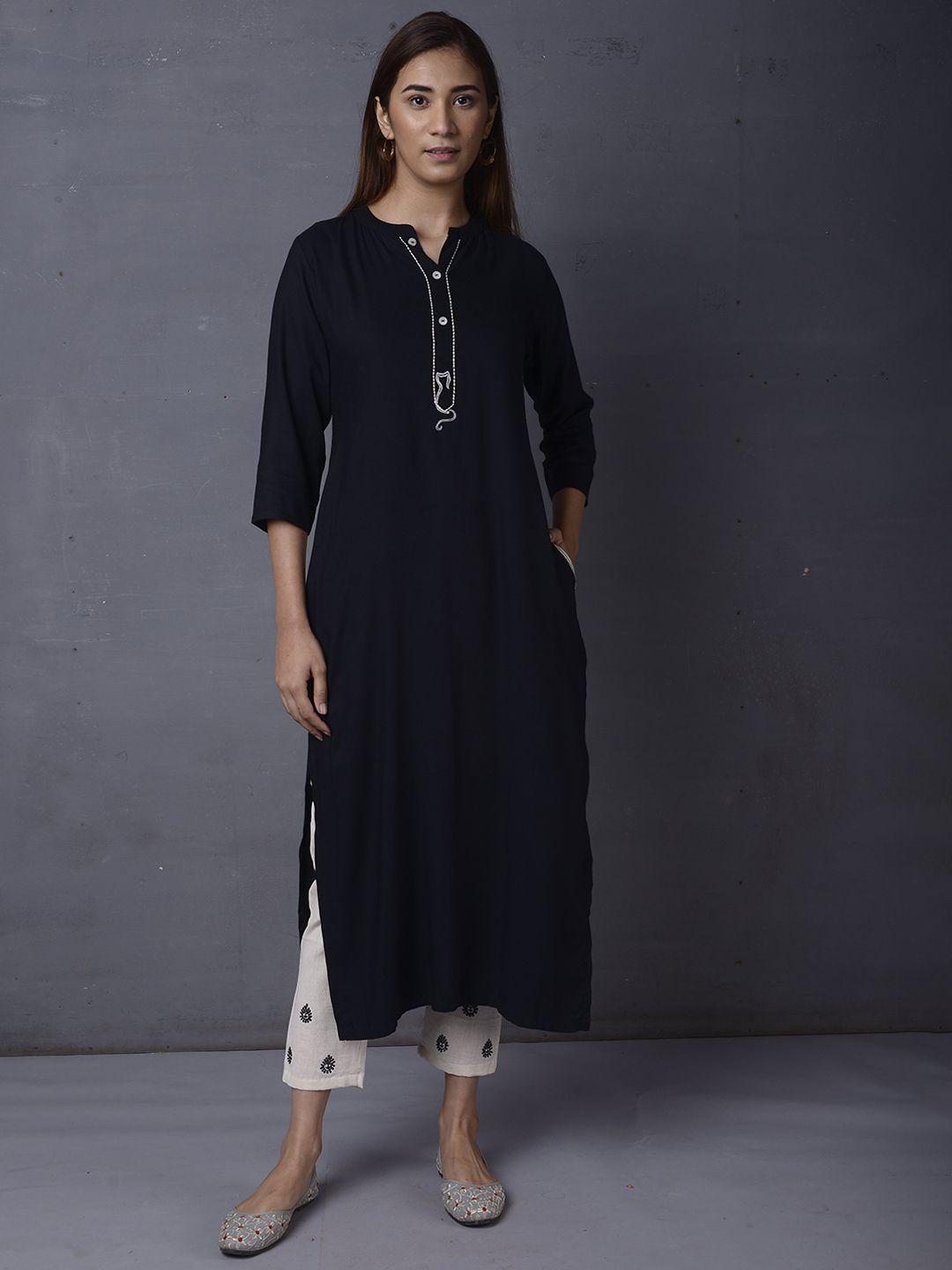 pinksky women black regular thread work kurta with trousers