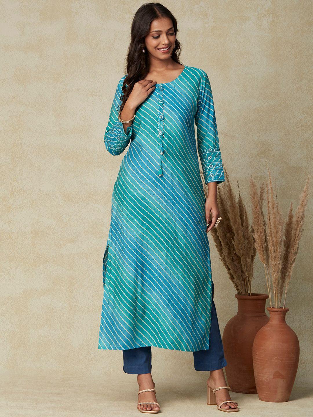 fashor women blue leheriya striped flared sleeves mirror work kurta