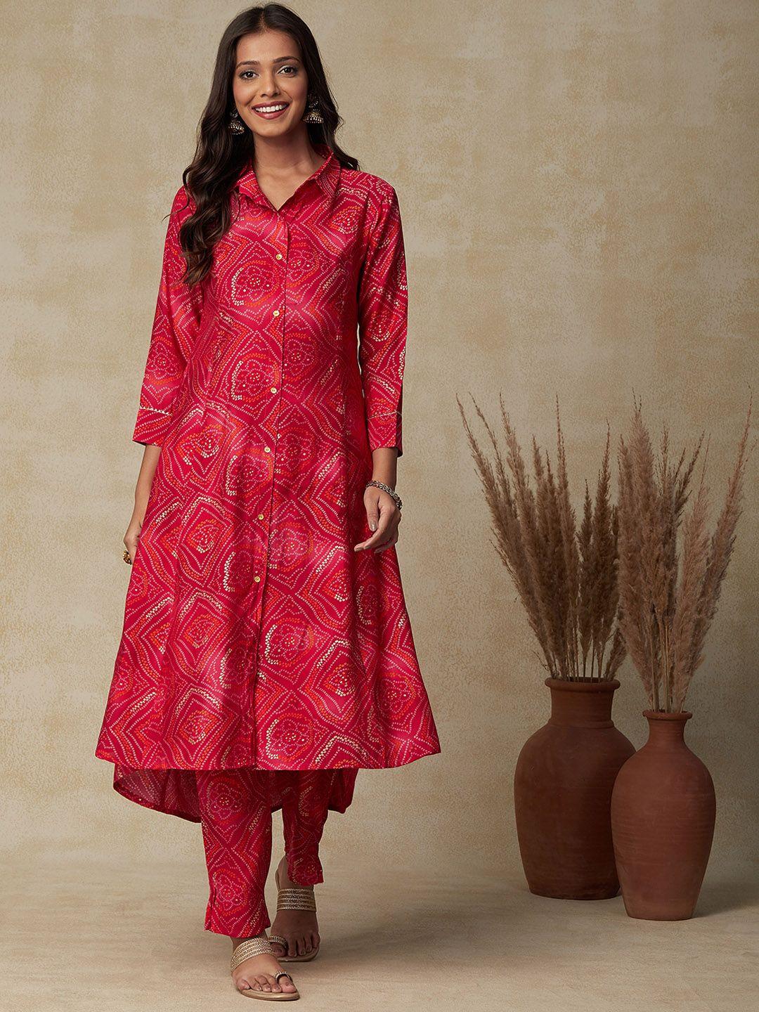 fashor magenta & white bandhani printed shirt collar panelled a-line kurta with trousers