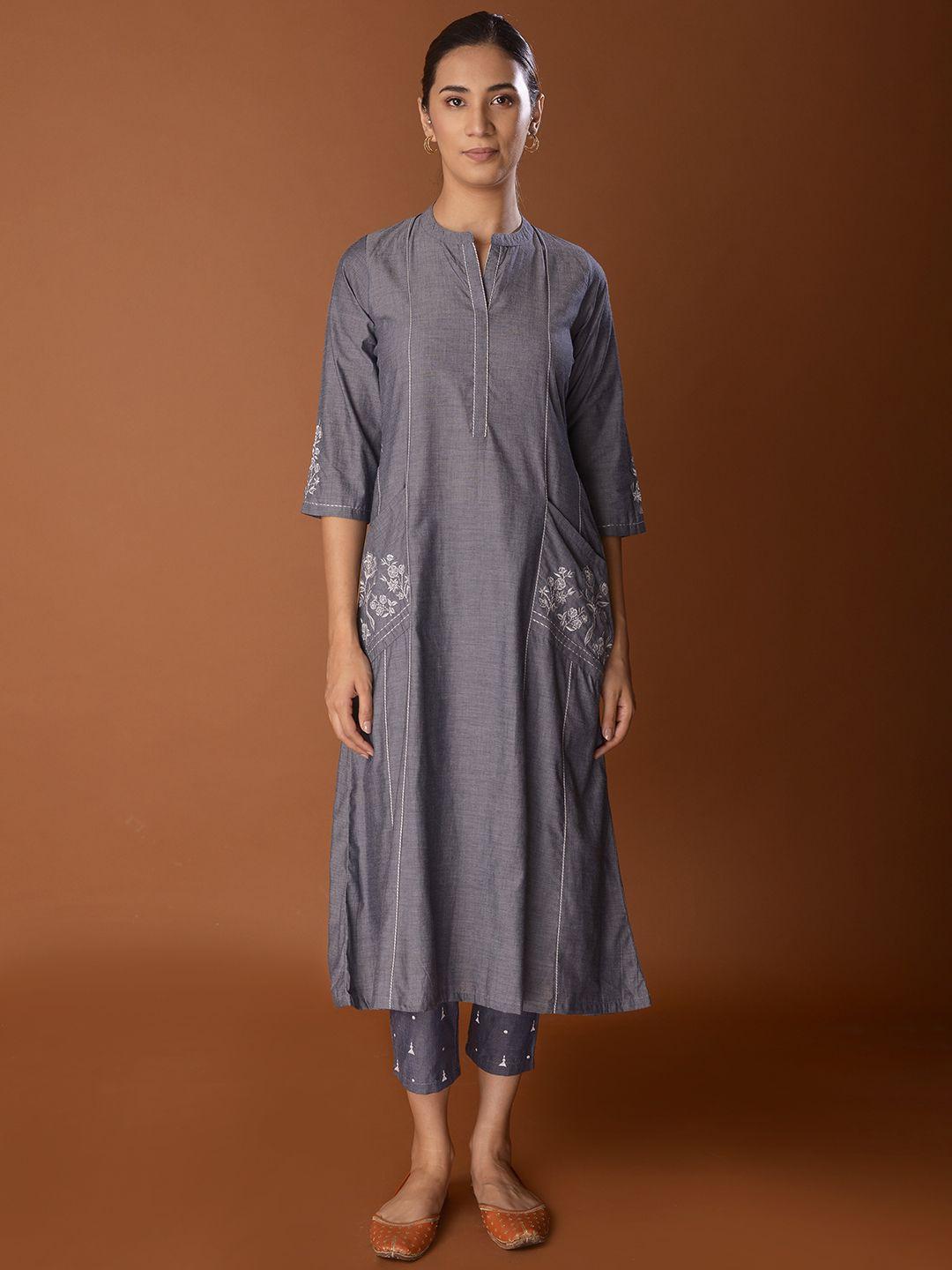 pinksky women grey regular thread work pure cotton kurta with trousers