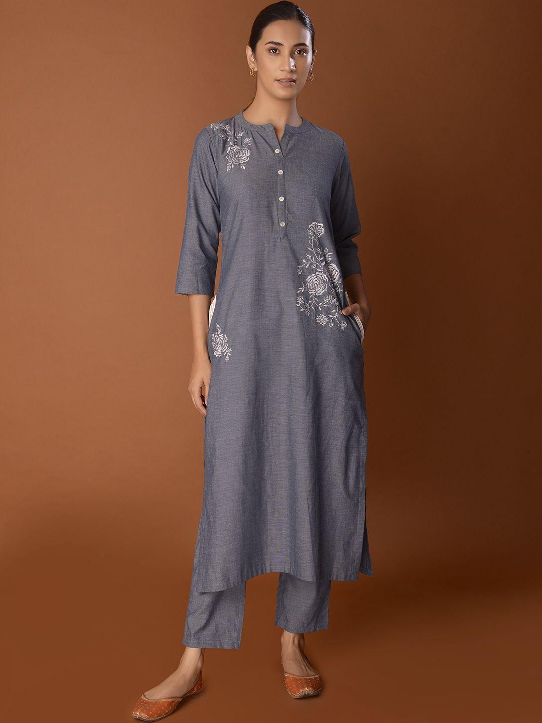 pinksky women grey regular thread work pure cotton kurta with trousers