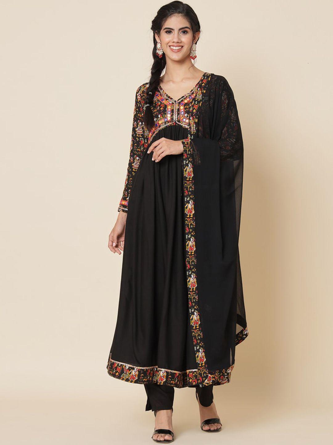 meeranshi ethnic motifs printed mirror work anarkali kurta with trousers & with dupatta