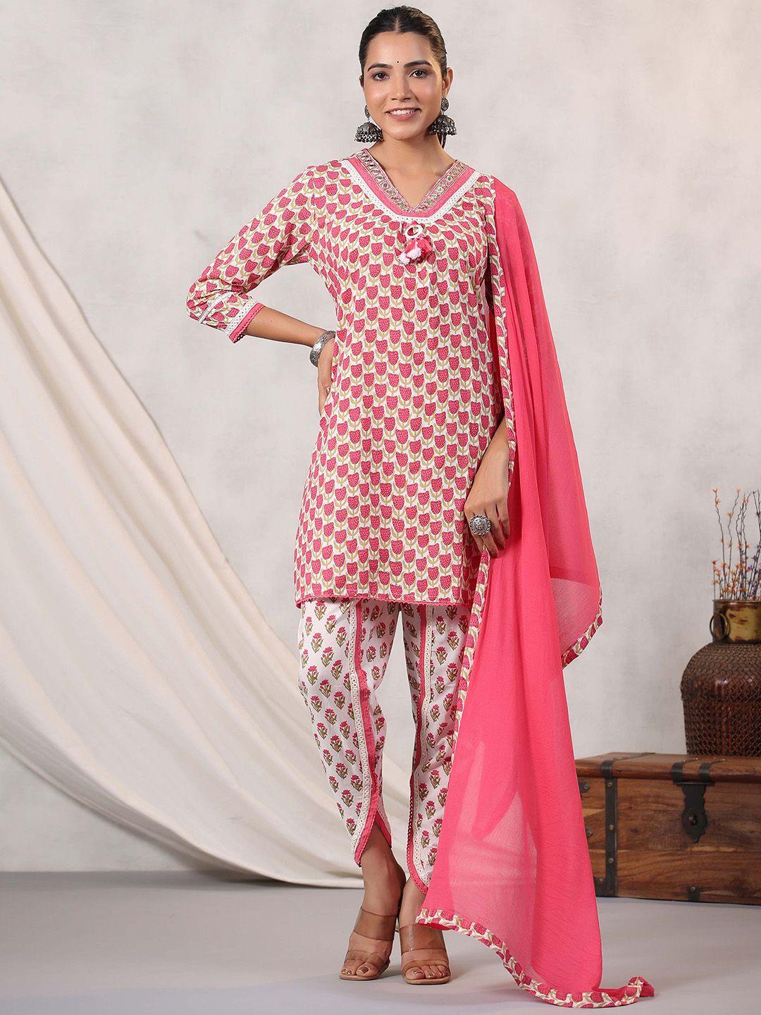 readiprint fashions women pink floral printed regular mirror work pure cotton kurti with dhoti pants & with