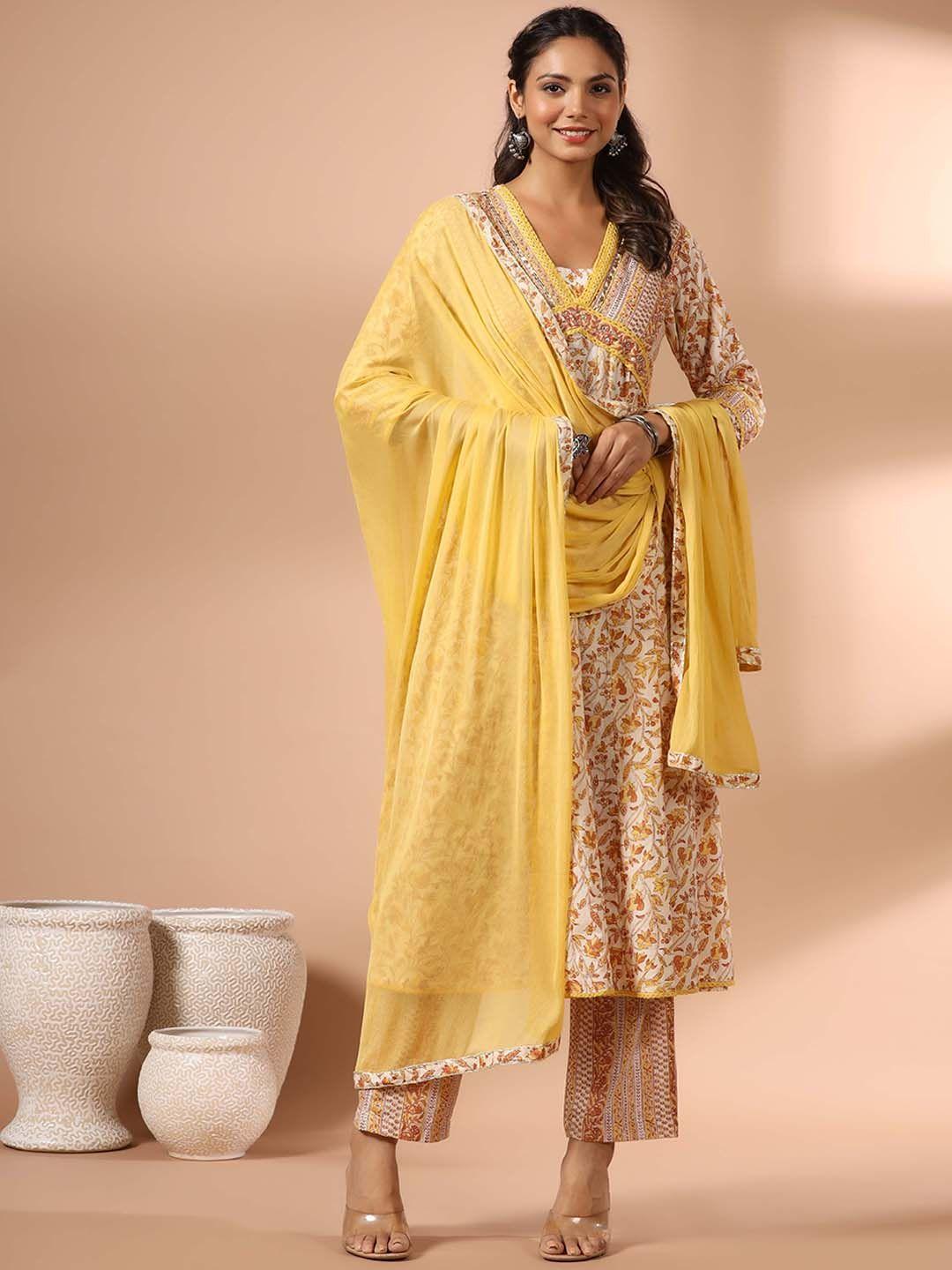 readiprint fashions women yellow floral printed empire thread work pure cotton kurti with palazzos & with